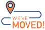 Icon of a location pin with 'We've Moved' text